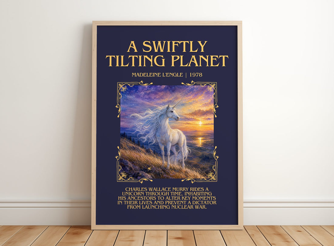A Swiftly Tilting Planet Minimalist Book Poster by Madeleine L'Engle – framed print leaning on a wooden floor