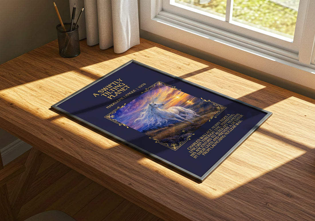A Swiftly Tilting Planet Minimalist Book Poster by Madeleine L'Engle – print on a sunlit desk