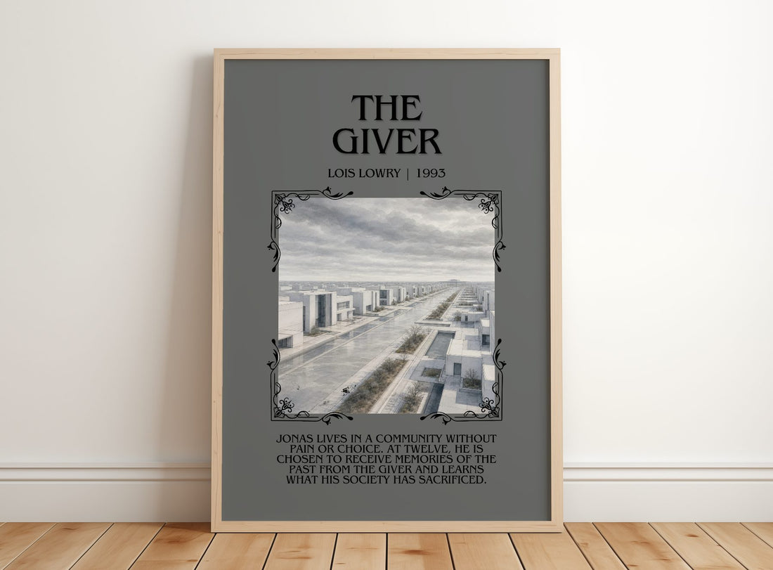 The Giver Minimalist Book Poster by Lois Lowry – framed print leaning on a wooden floor
