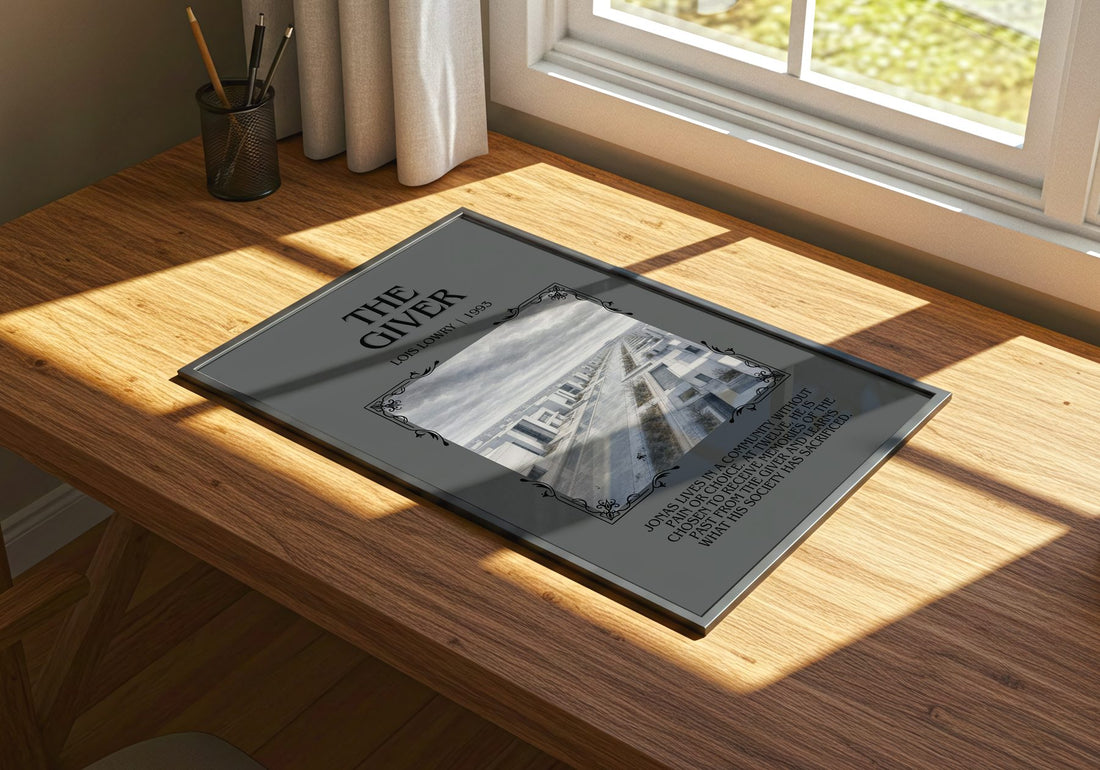 The Giver Minimalist Book Poster by Lois Lowry – print on a sunlit desk