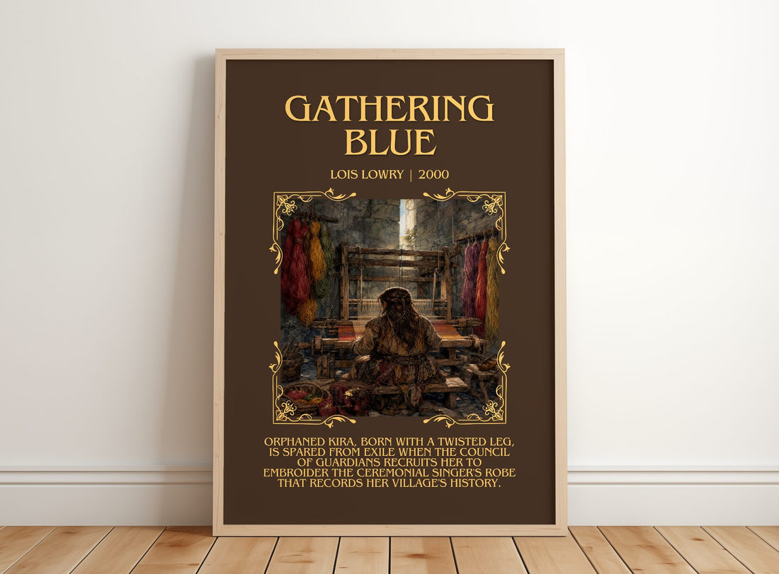 Gathering Blue Minimalist Book Poster by Lois Lowry – framed print leaning on a wooden floor