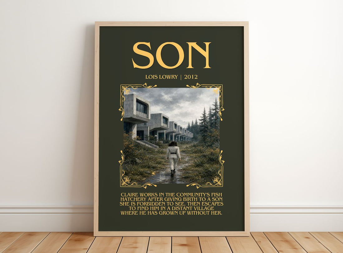 Son Minimalist Book Poster by Lois Lowry – framed print leaning on a wooden floor