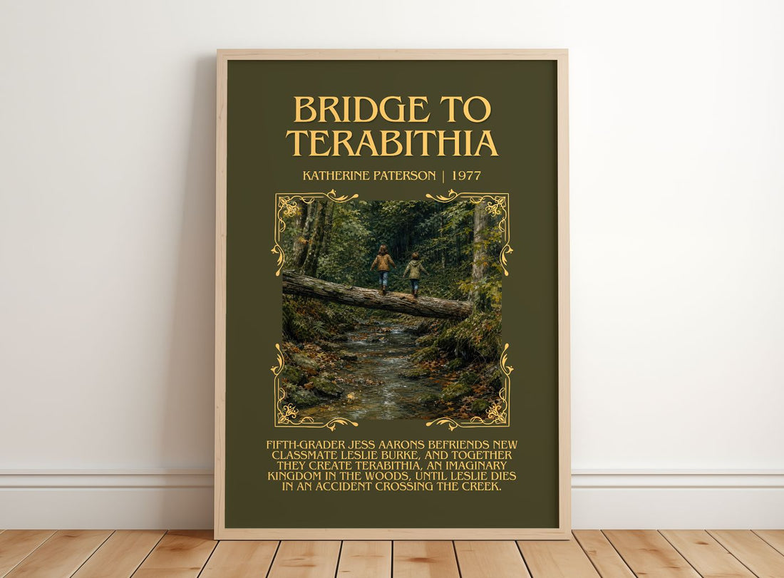 Bridge to Terabithia Minimalist Book Poster by Katherine Paterson – framed print leaning on a wooden floor