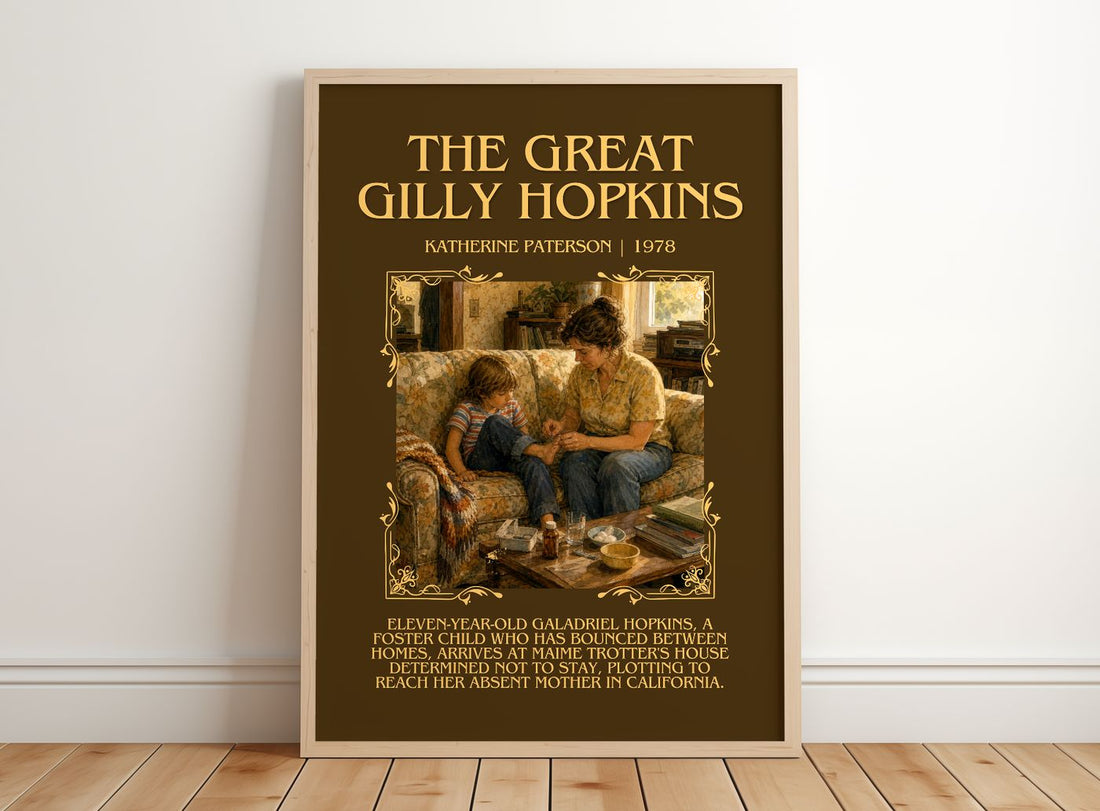 The Great Gilly Hopkins Minimalist Book Poster by Katherine Paterson – framed print leaning on a wooden floor