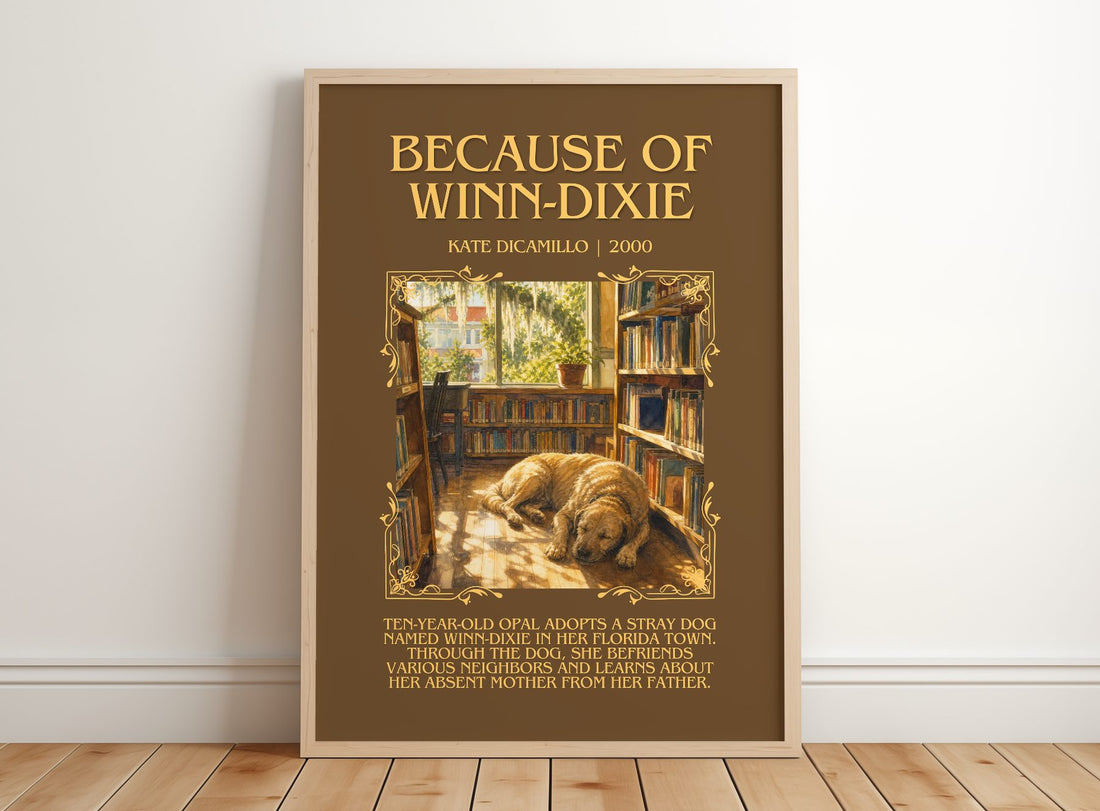 Because of Winn-Dixie Minimalist Book Poster by Kate DiCamillo – framed print leaning on a wooden floor
