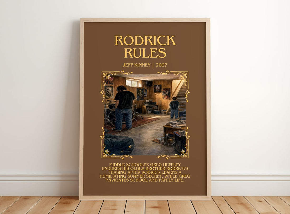 Rodrick Rules Minimalist Book Poster by Jeff Kinney – framed print leaning on a wooden floor