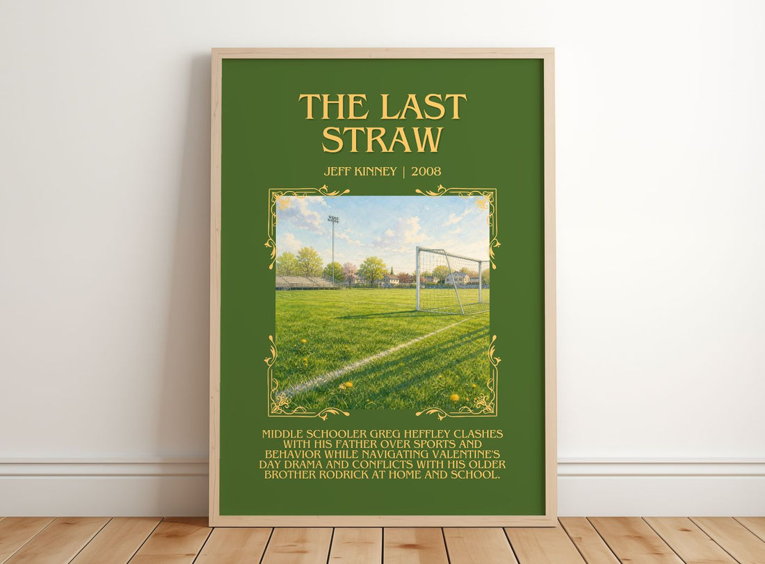 The Last Straw Minimalist Book Poster by Jeff Kinney – framed print leaning on a wooden floor