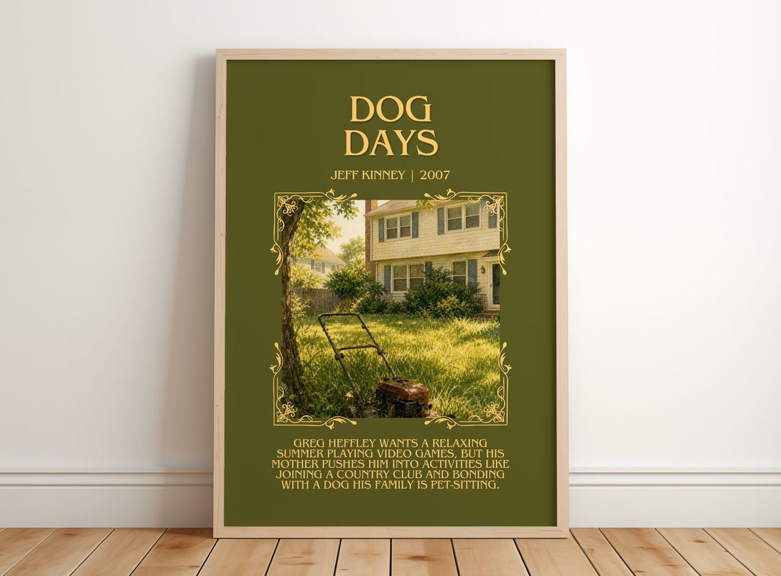 Dog Days Minimalist Book Poster by Jeff Kinney – framed print leaning on a wooden floor