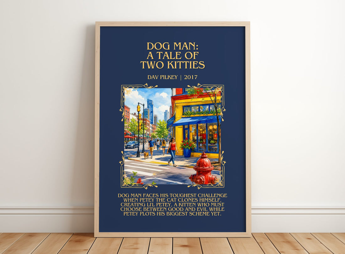 Dog Man: A Tale of Two Kitties Minimalist Book Poster by Dav Pilkey – framed print leaning on a wooden floor