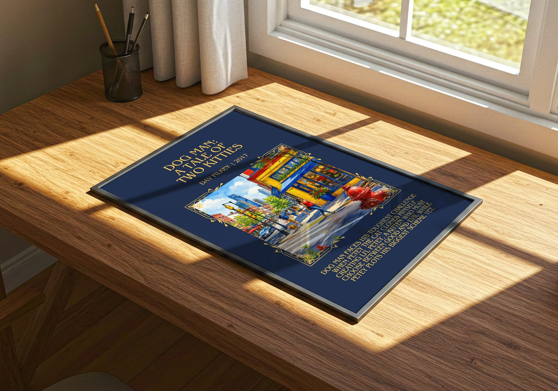 Dog Man: A Tale of Two Kitties Minimalist Book Poster by Dav Pilkey – print on a sunlit desk
