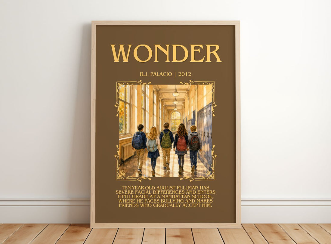 Wonder Minimalist Book Poster by R.J. Palacio – framed print leaning on a wooden floor