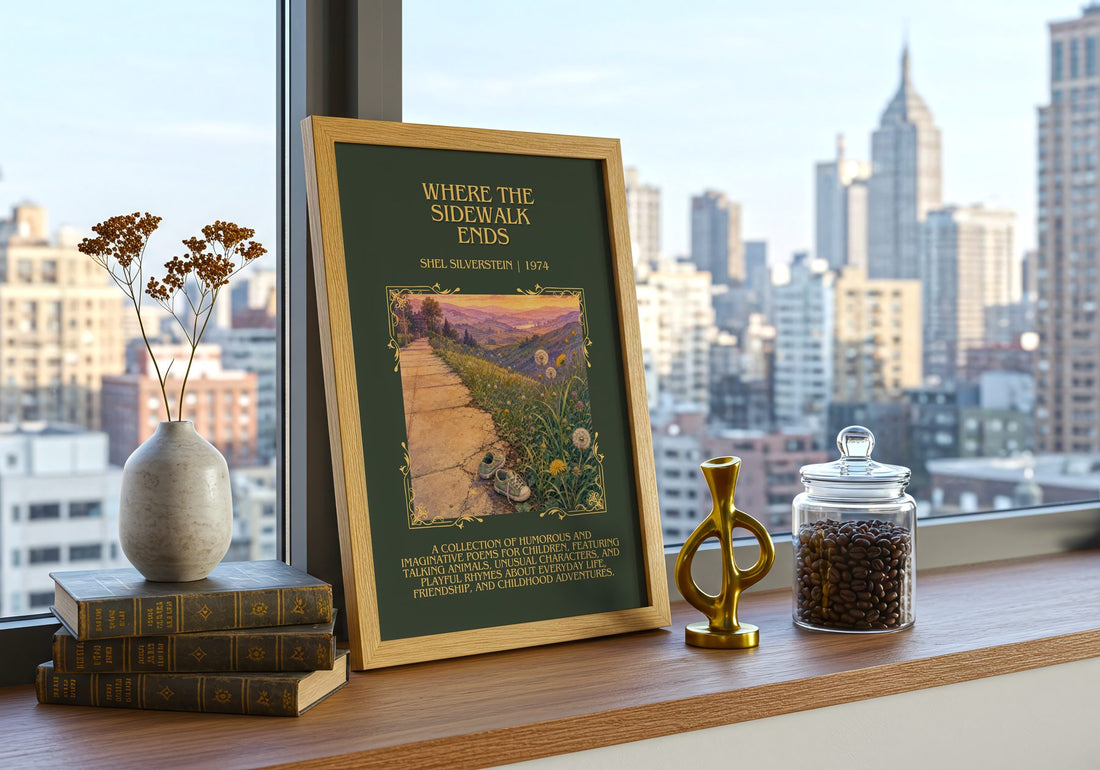 Where the Sidewalk Ends Minimalist Book Poster by Shel Silverstein – framed print on a city-view windowsill