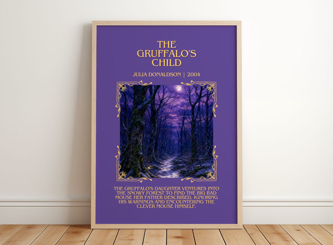 The Gruffalo's Child Minimalist Book Poster by Julia Donaldson – framed print leaning on a wooden floor