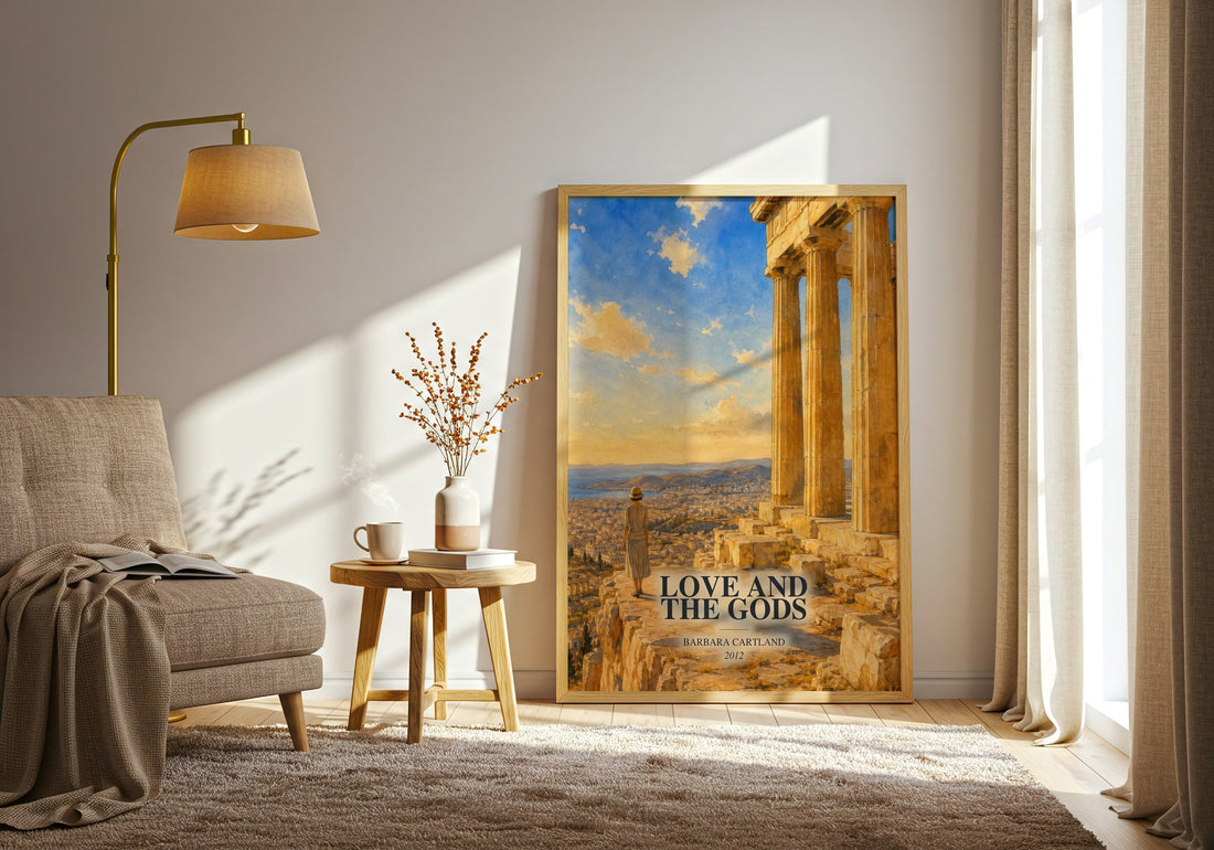 Love And The Gods watercolour print in frame leaning in hallway – romance wall art (mockup)