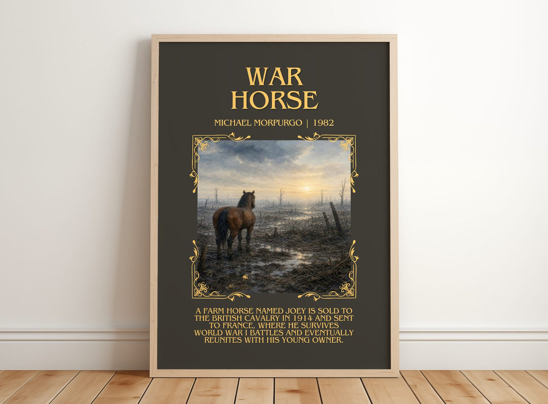 War Horse Minimalist Book Poster by Michael Morpurgo – framed print leaning on a wooden floor