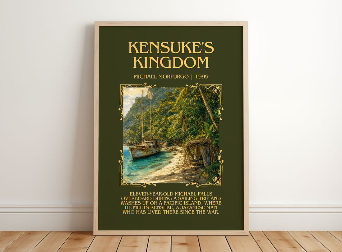 Kensuke's Kingdom Minimalist Book Poster by Michael Morpurgo – framed print leaning on a wooden floor