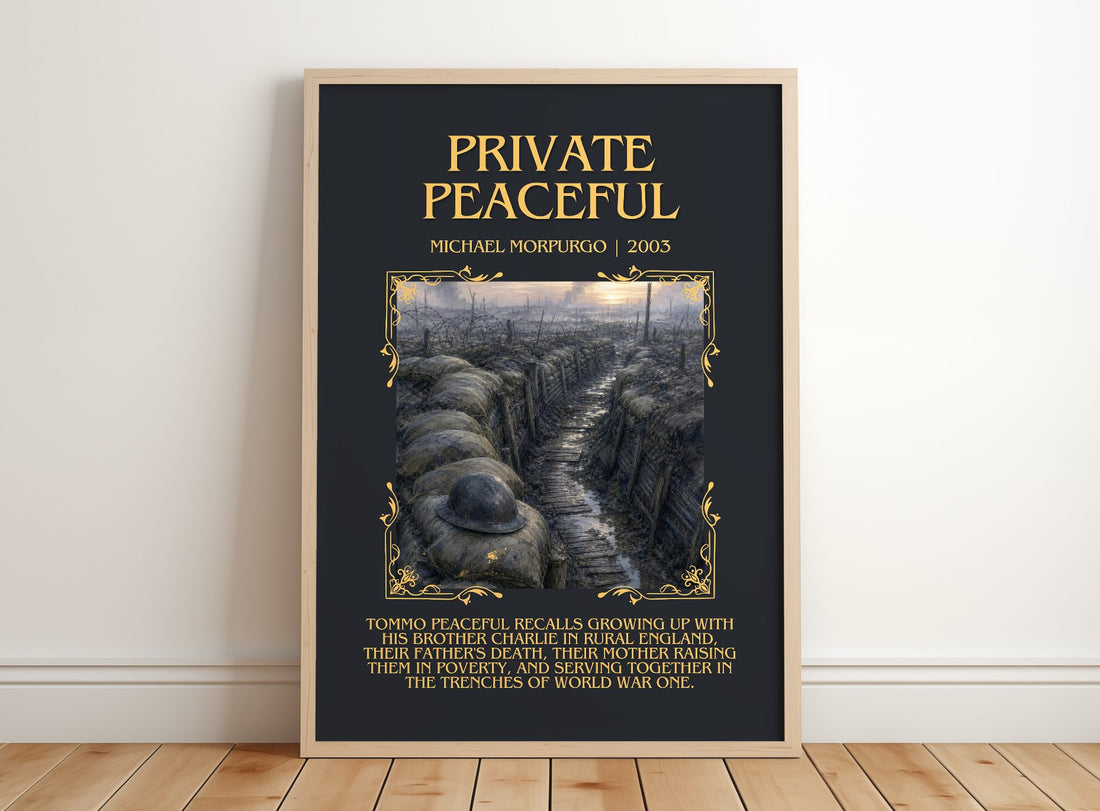 Private Peaceful Minimalist Book Poster by Michael Morpurgo – framed print leaning on a wooden floor
