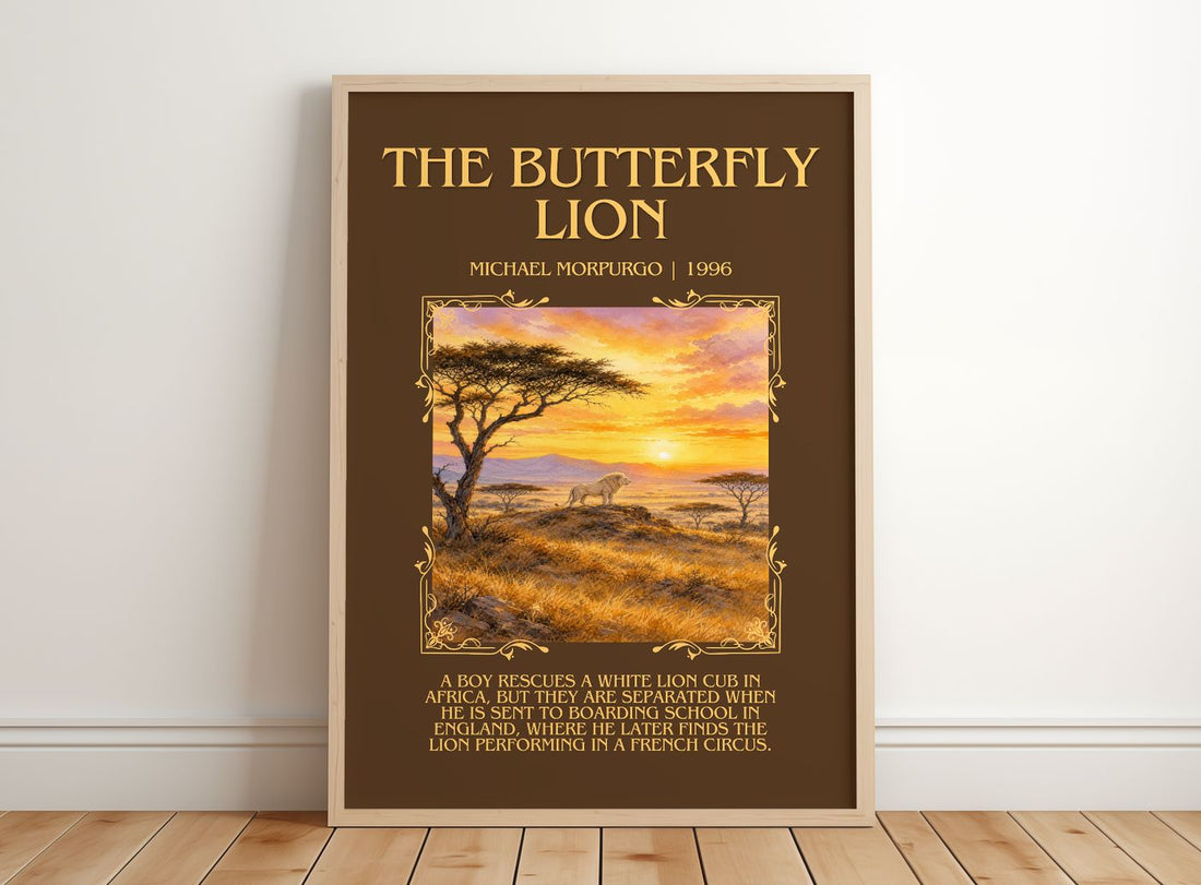 The Butterfly Lion Minimalist Book Poster by Michael Morpurgo – framed print leaning on a wooden floor