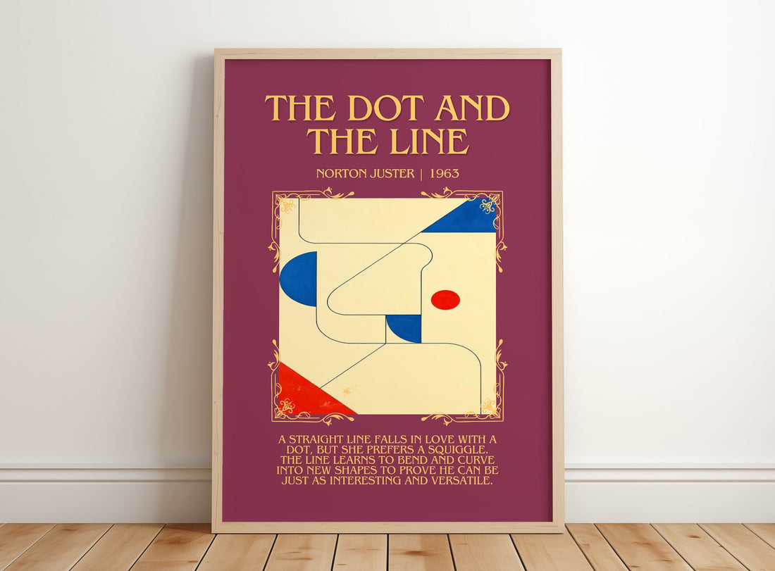 The Dot and the Line Minimalist Book Poster by Norton Juster – framed print leaning on a wooden floor