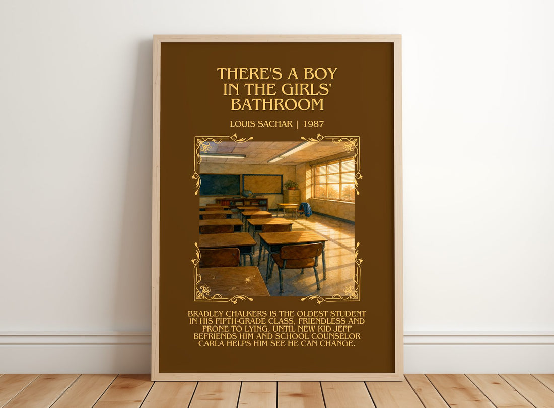 There's a Boy in the Girls' Bathroom Minimalist Book Poster – framed print leaning on a wooden floor