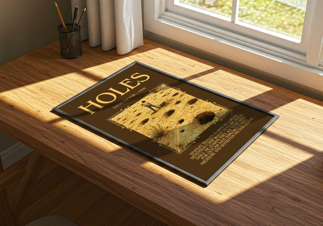 Holes Minimalist Book Poster by Louis Sachar – print on a sunlit desk
