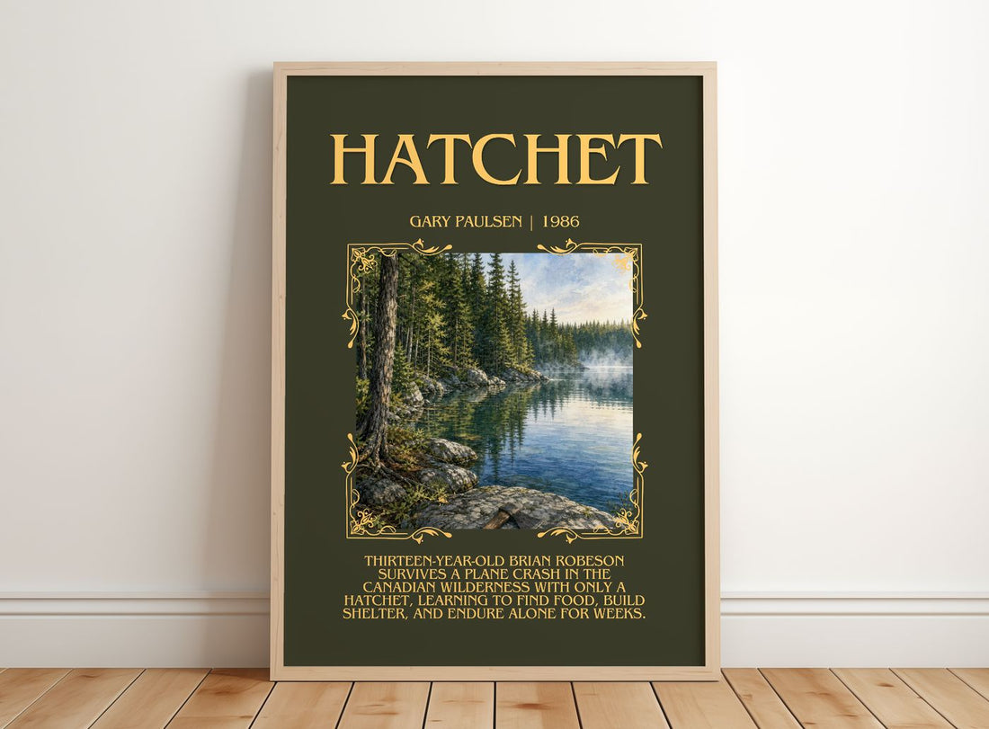Hatchet Minimalist Book Poster by Gary Paulsen – framed print leaning on a wooden floor