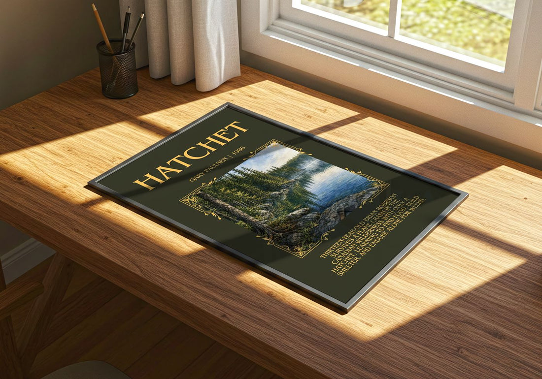 Hatchet Minimalist Book Poster by Gary Paulsen – print on a sunlit desk