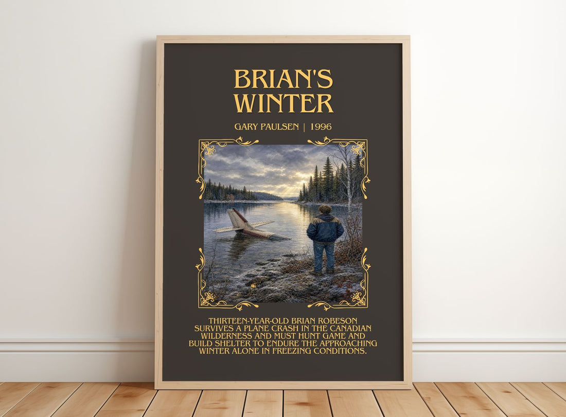 Brian's Winter Minimalist Book Poster by Gary Paulsen – framed print leaning on a wooden floor
