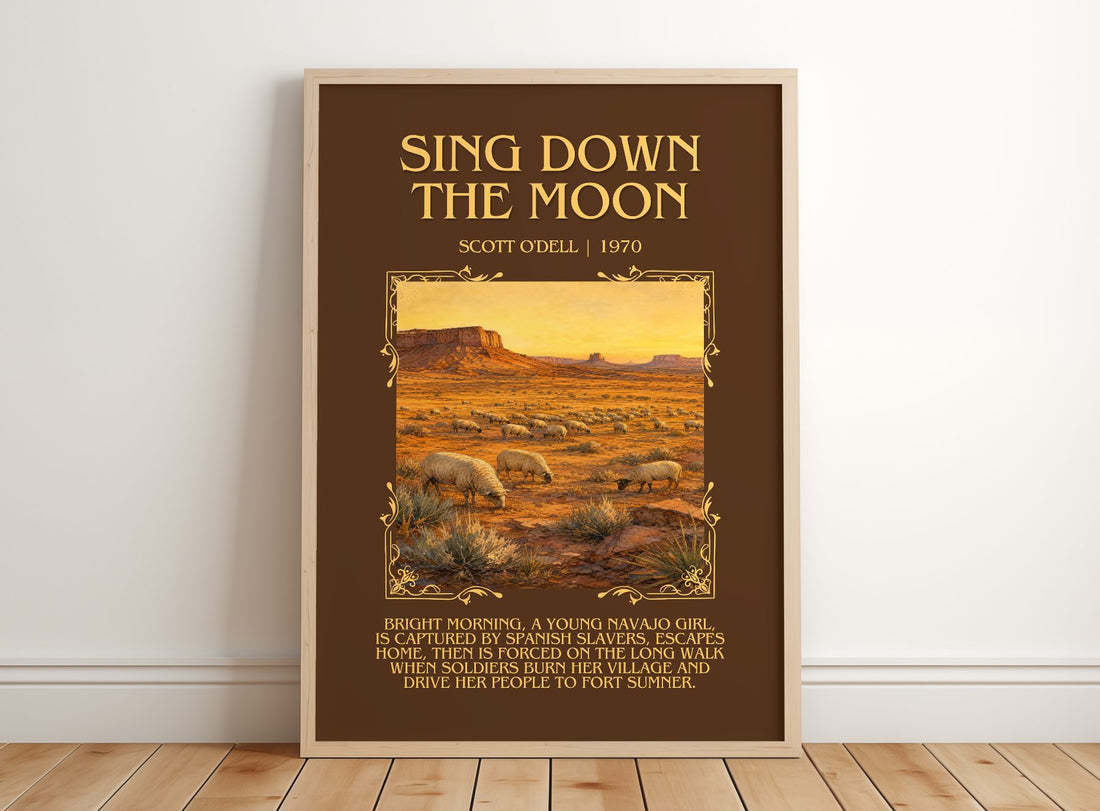 Sing Down the Moon Minimalist Book Poster by Scott O'Dell – framed print leaning on a wooden floor