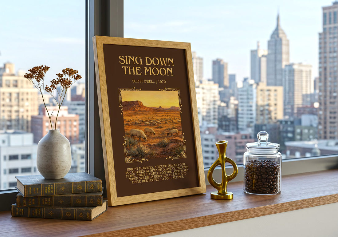 Sing Down the Moon Minimalist Book Poster by Scott O'Dell – framed print on a city-view windowsill