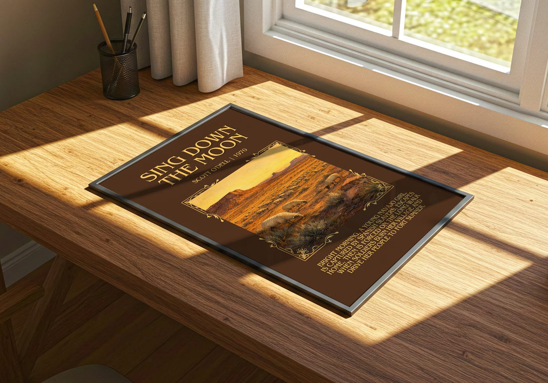 Sing Down the Moon Minimalist Book Poster by Scott O'Dell – print on a sunlit desk