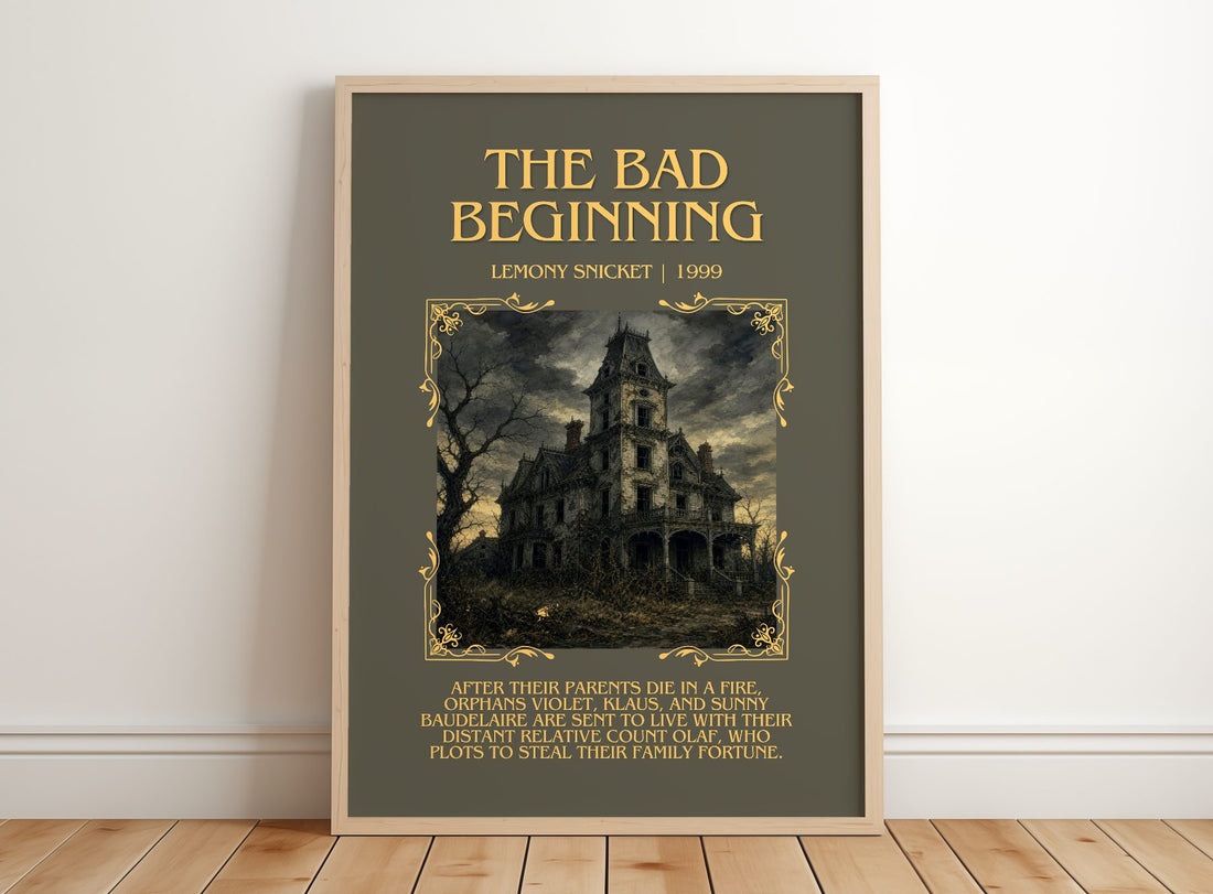 The Bad Beginning Minimalist Book Poster by Lemony Snicket – framed print leaning on a wooden floor