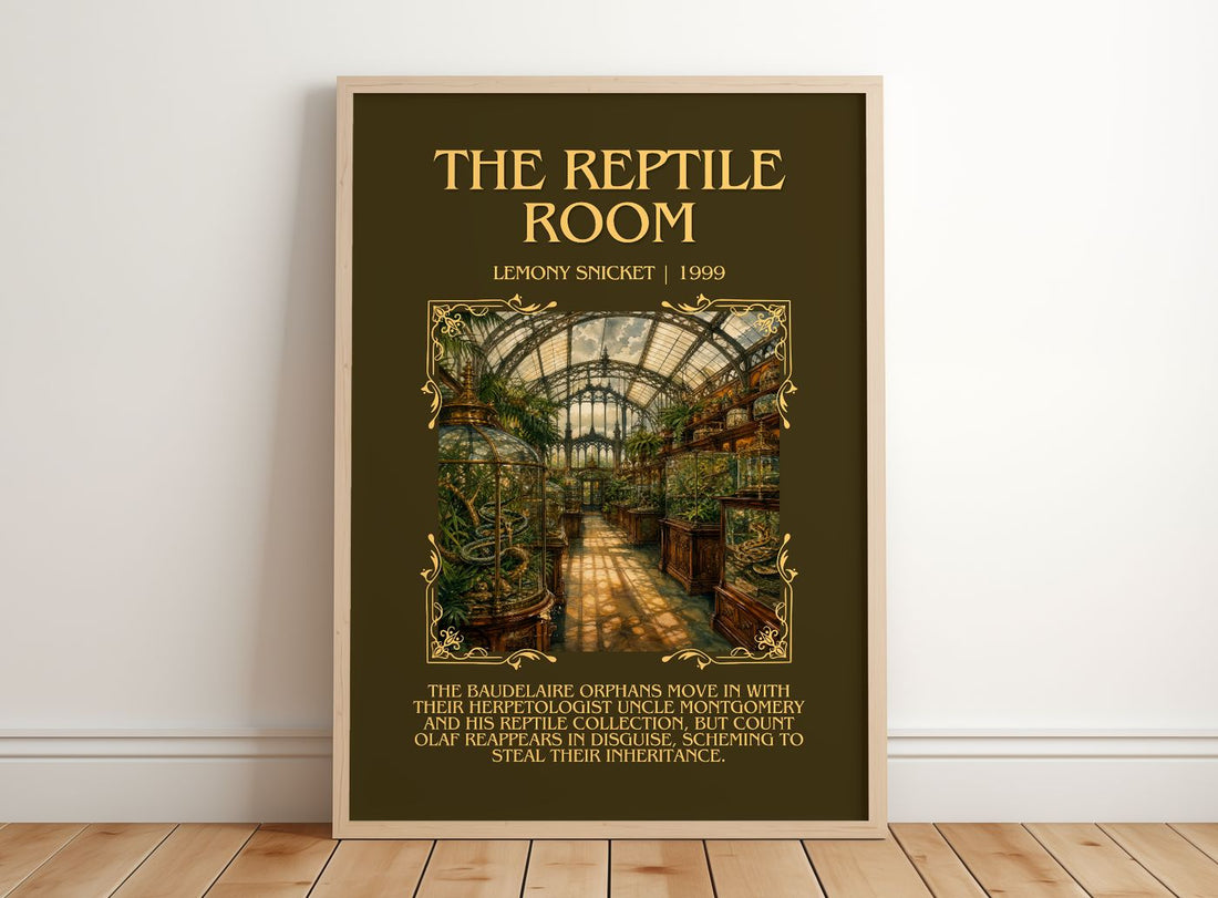 The Reptile Room Minimalist Book Poster by Lemony Snicket – framed print leaning on a wooden floor