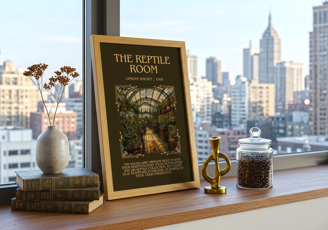 The Reptile Room Minimalist Book Poster by Lemony Snicket – framed print on a city-view windowsill