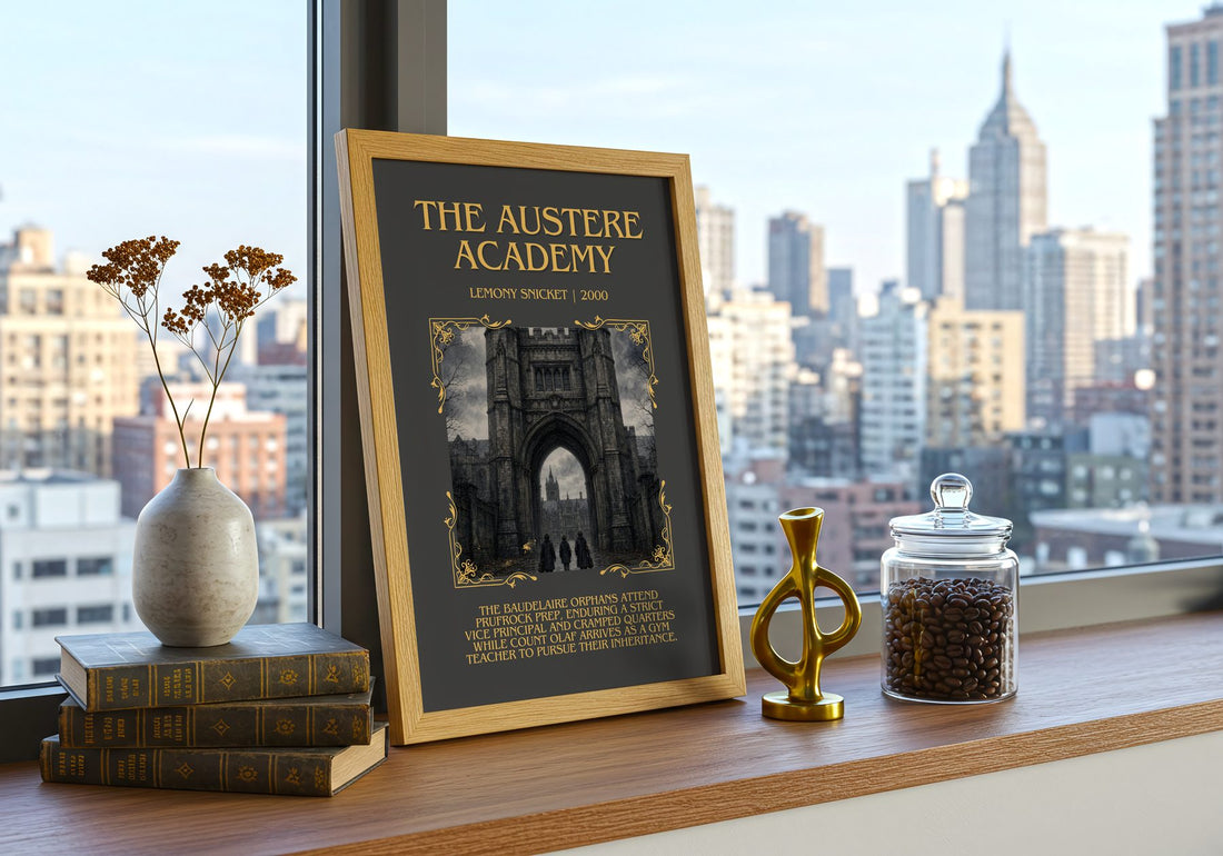 The Austere Academy Minimalist Book Poster by Lemony Snicket – framed print on a city-view windowsill