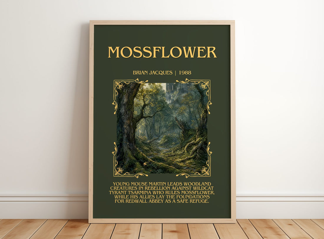 Mossflower Minimalist Book Poster by Brian Jacques – framed print leaning on a wooden floor