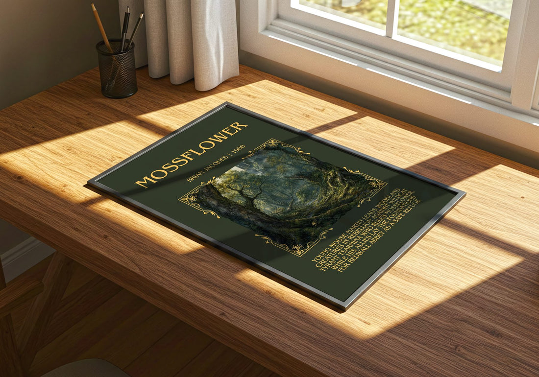 Mossflower Minimalist Book Poster by Brian Jacques – print on a sunlit desk