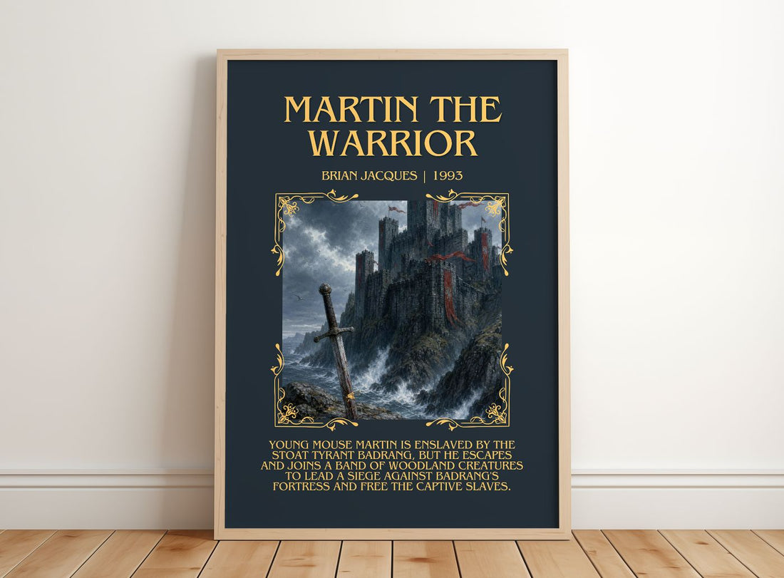 Martin the Warrior Minimalist Book Poster by Brian Jacques – framed print leaning on a wooden floor