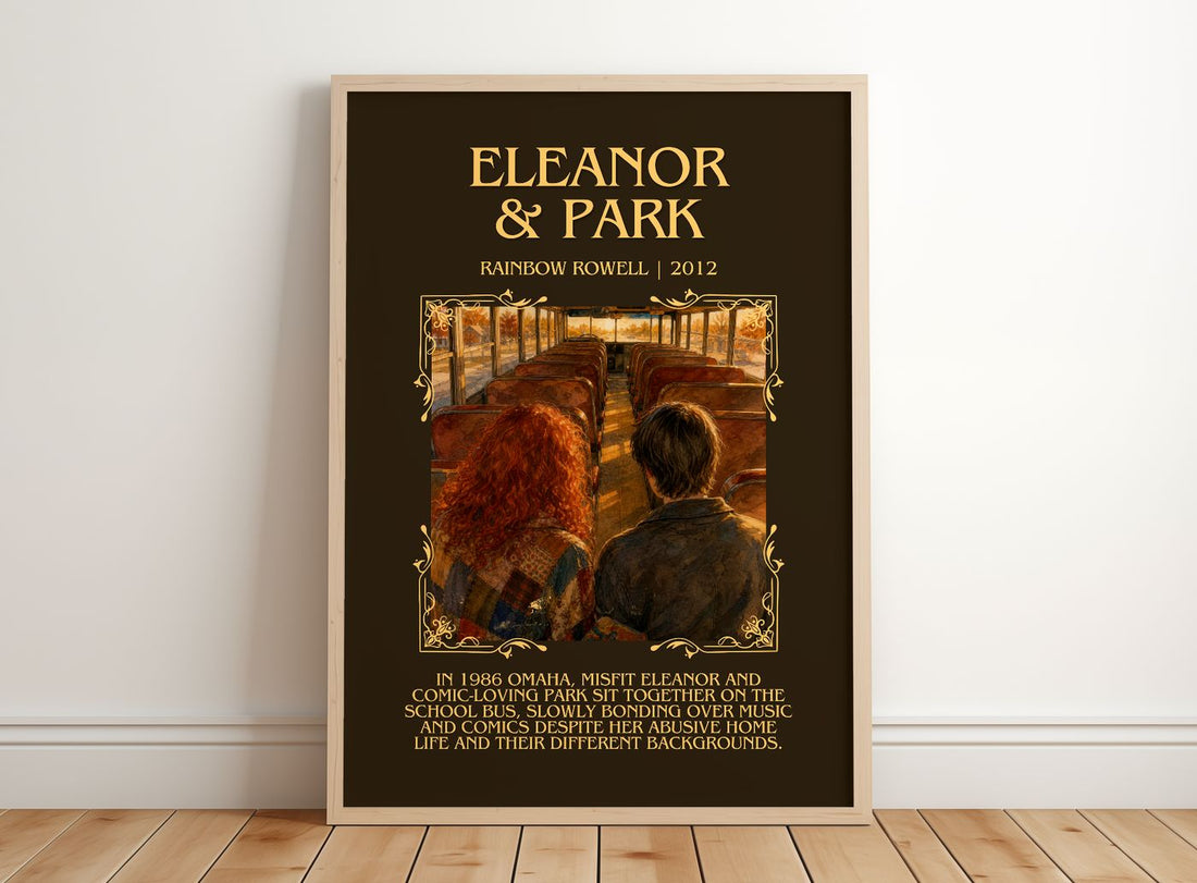 Eleanor & Park Minimalist Book Poster by Rainbow Rowell – framed print leaning on a wooden floor