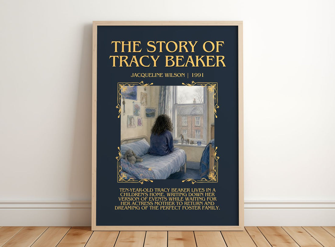 The Story of Tracy Beaker Minimalist Book Poster by Jacqueline Wilson – framed print leaning on a wooden floor