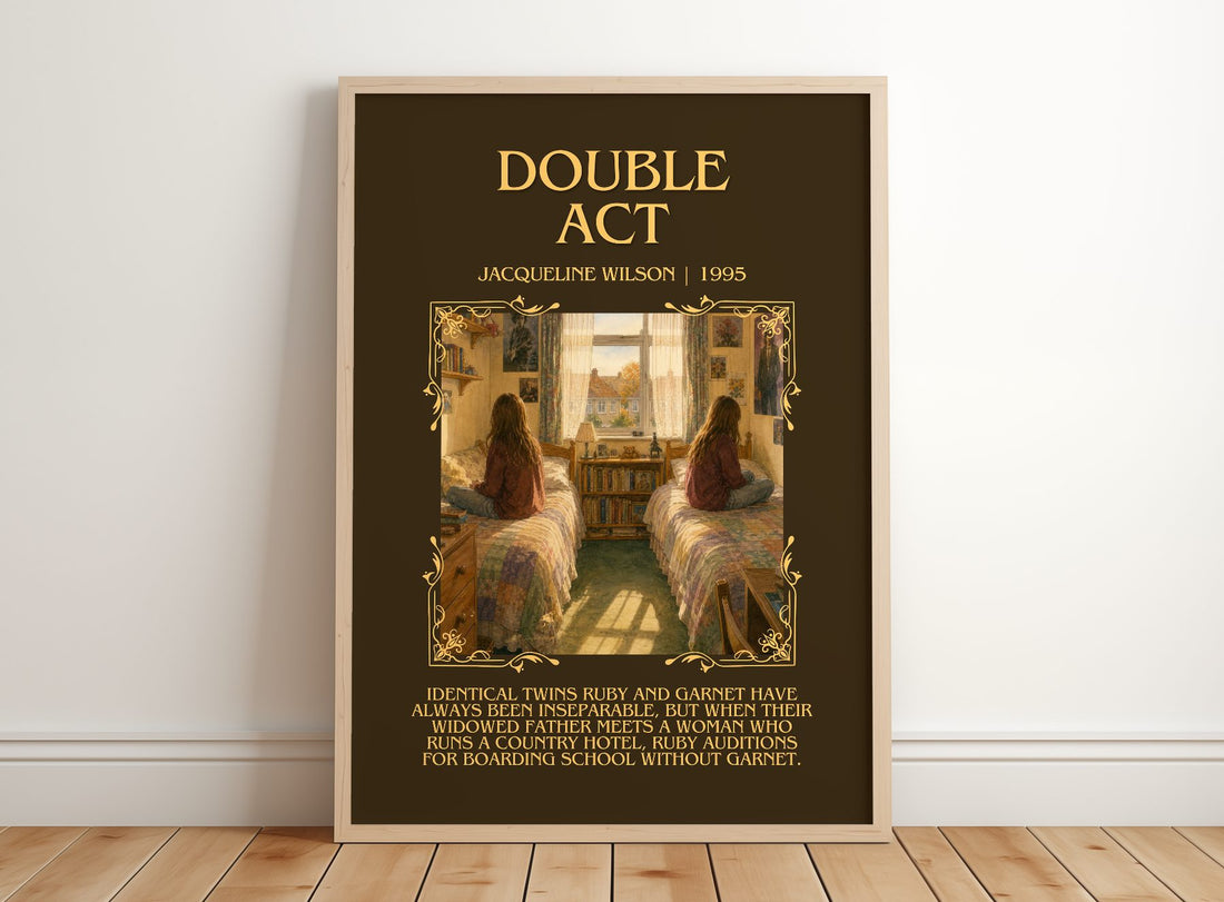 Double Act Minimalist Book Poster by Jacqueline Wilson – framed print leaning on a wooden floor