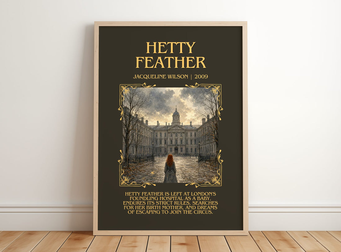 Hetty Feather Minimalist Book Poster by Jacqueline Wilson – framed print leaning on a wooden floor