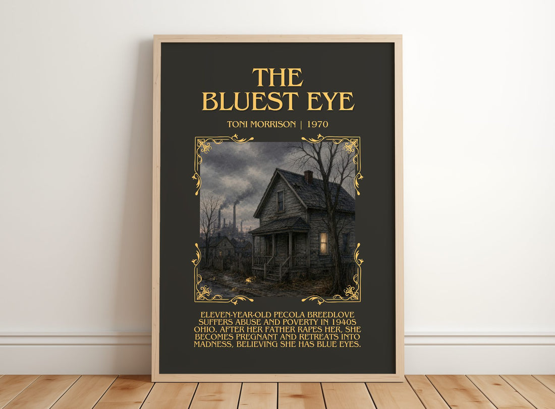The Bluest Eye Minimalist Book Poster by Toni Morrison – framed print leaning on a wooden floor