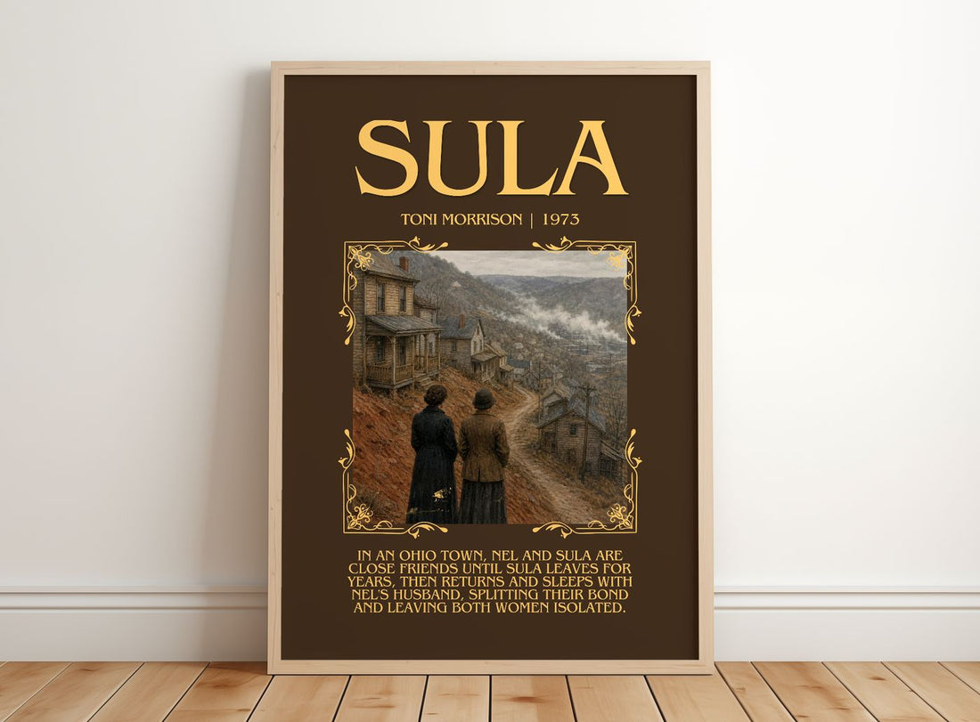 Sula Minimalist Book Poster by Toni Morrison – framed print leaning on a wooden floor