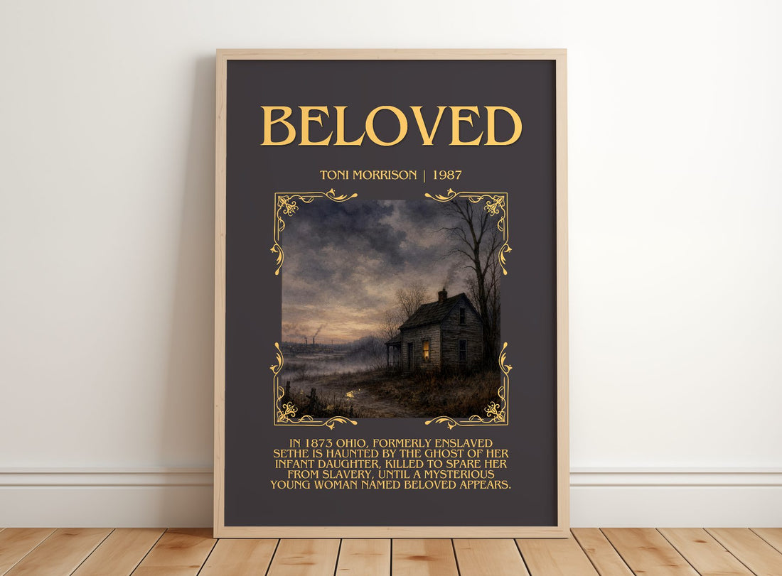 Beloved Minimalist Book Poster by Toni Morrison – framed print leaning on a wooden floor
