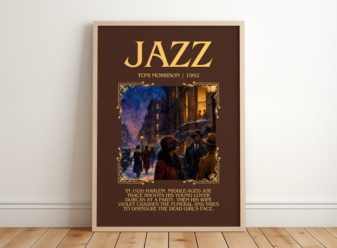 Jazz Minimalist Book Poster by Toni Morrison – framed print leaning on a wooden floor