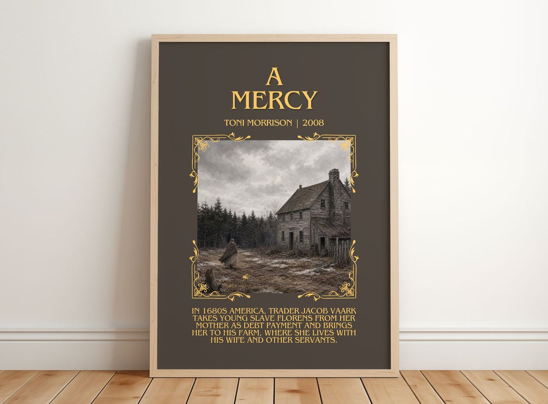 A Mercy Minimalist Book Poster by Toni Morrison – framed print leaning on a wooden floor