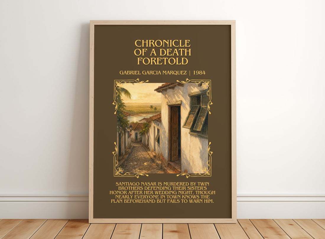 Chronicle of a Death Foretold Minimalist Book Poster by G. Márquez – framed print leaning on a wooden floor