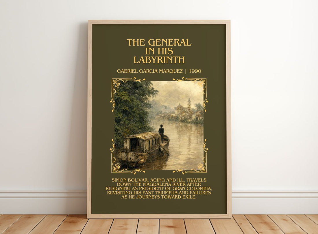 General in His Labyrinth Minimalist Book Poster by G. Márquez – framed print leaning on a wooden floor