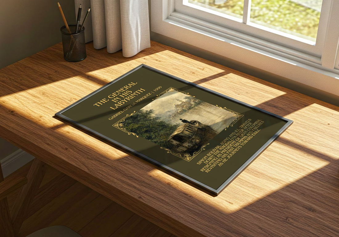 General in His Labyrinth Minimalist Book Poster by G. Márquez – print on a sunlit desk